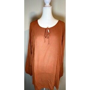 WMNS Rust Tie Front Peasant Top 3X Burnt Orange Rayon Lagenlook Layered Rustic